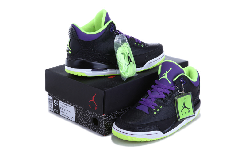 Authentic Jordan Retro 3 Black Green Purple Shoes - Click Image to Close