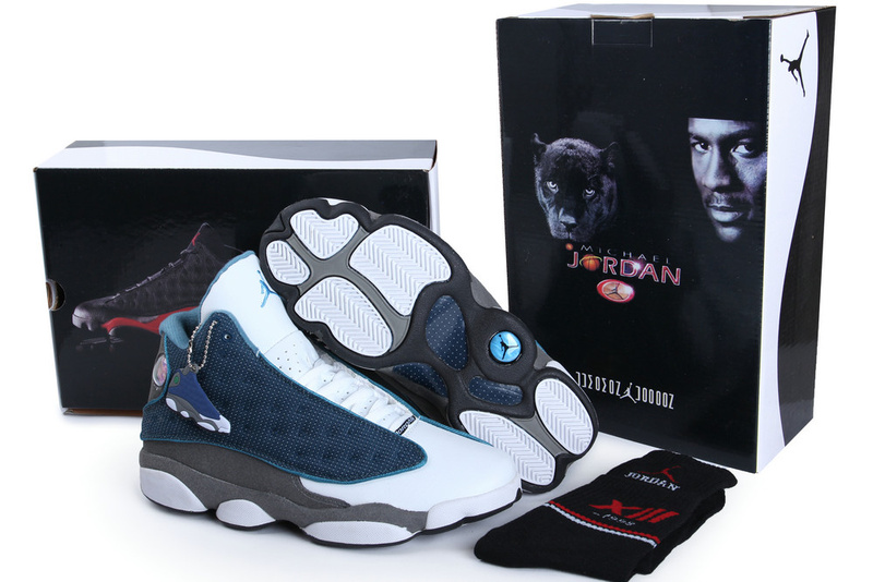 Hardback Authentic Jordan 13 White Blue Grey Shoes - Click Image to Close