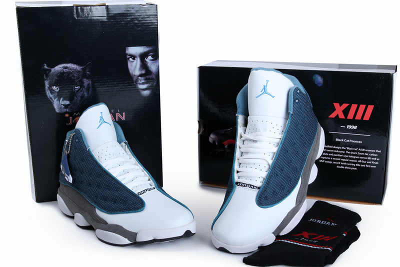 Hardback Authentic Jordan 13 White Blue Grey Shoes - Click Image to Close