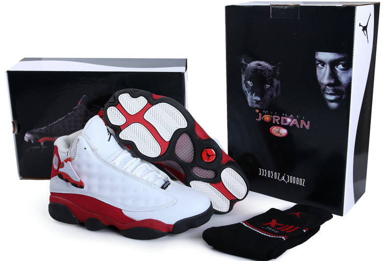 Hardback Authentic Jordan 13 White Red Black Shoes - Click Image to Close