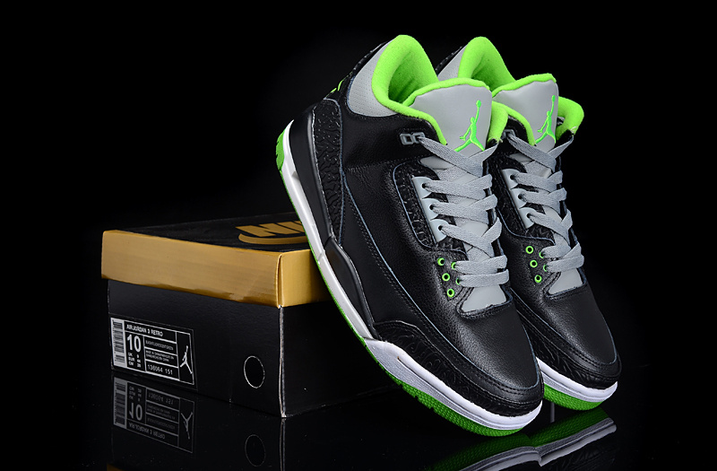 New Authentic Jordan 3 Black Green Shoes - Click Image to Close