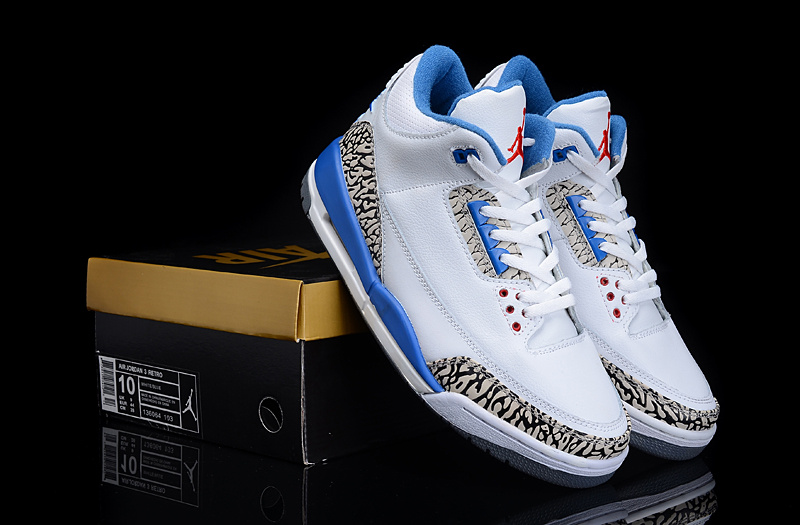 New Authentic Jordan 3 White Blue Shoes - Click Image to Close