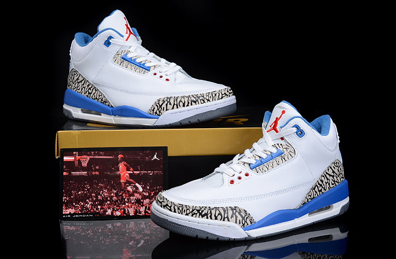 New Authentic Jordan 3 White Blue Shoes - Click Image to Close