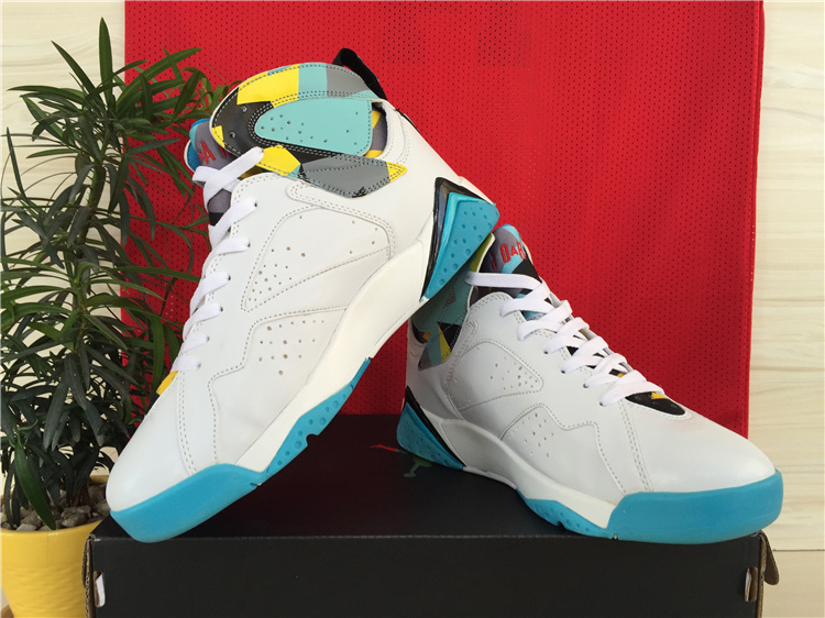 Cheap Real 2015 Air Jordan 7 White Baby Blue Yellow Shoes