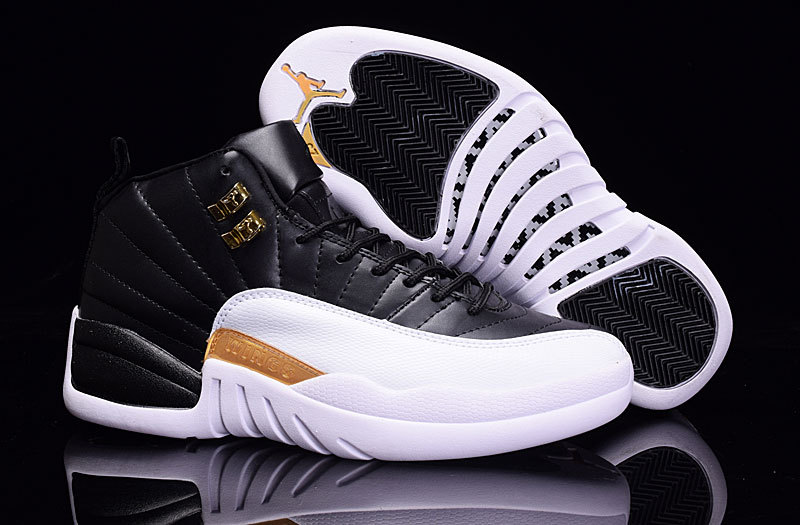 2016 Newest Air Jordan 12 Black White Gold On Sale - Click Image to Close