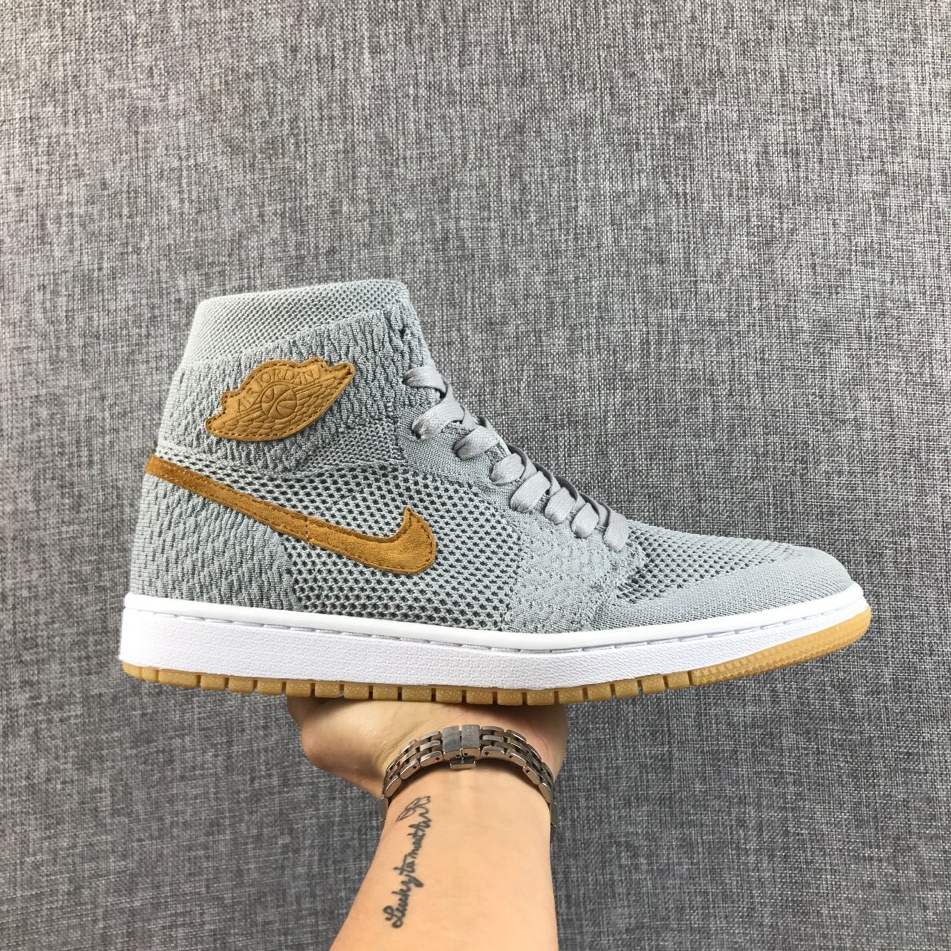 2017 Men Air Jordan 1 Flyknit Grey Yellow Shoes