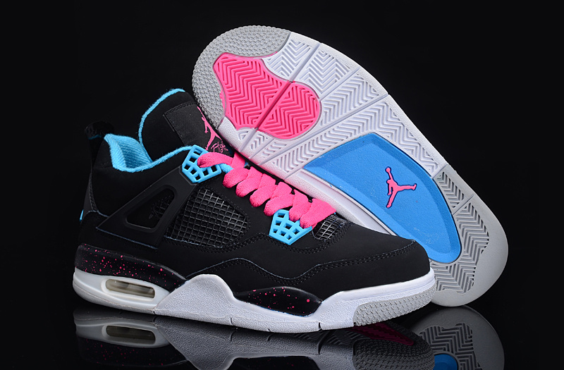 Authentic Jordan 4 Black Blue Pink For Women - Click Image to Close