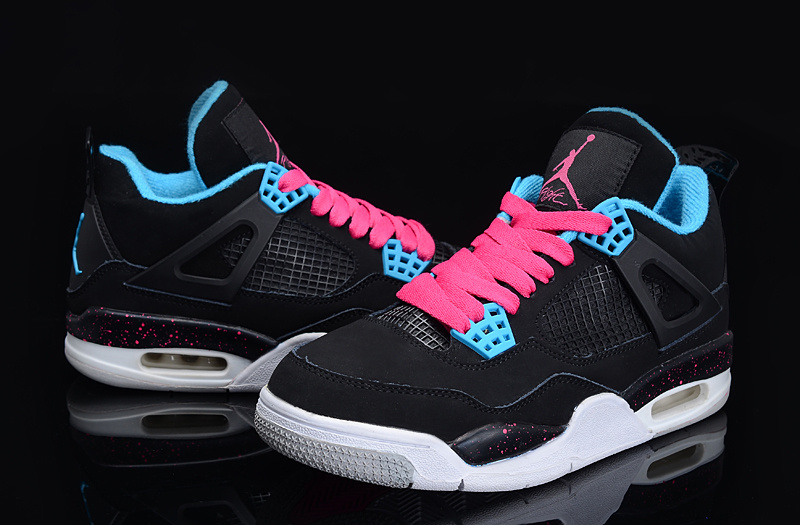 Authentic Jordan 4 Black Blue Pink For Women - Click Image to Close