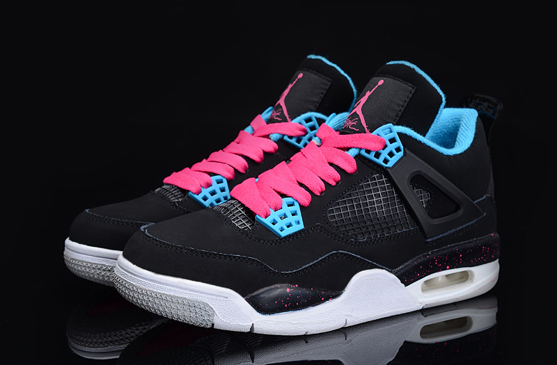 Authentic Jordan 4 Black Blue Pink For Women - Click Image to Close