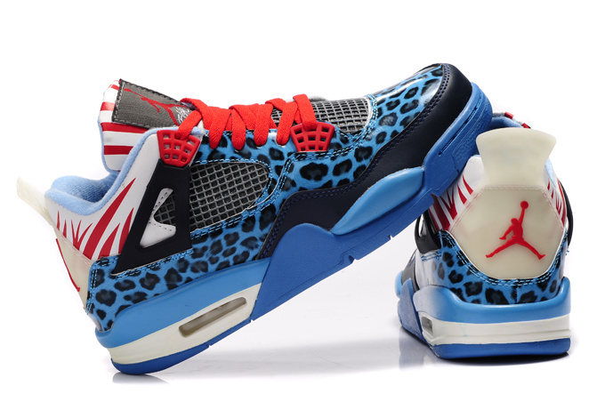 Authentic 2013 Air Jordan 4 Leopard Print Blue Black White Red Shine Shoes