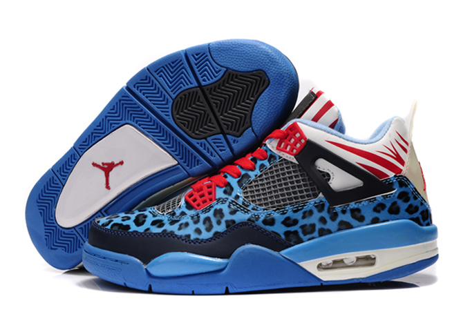 Authentic 2013 Air Jordan 4 Leopard Print Blue Black White Red Shine Shoes