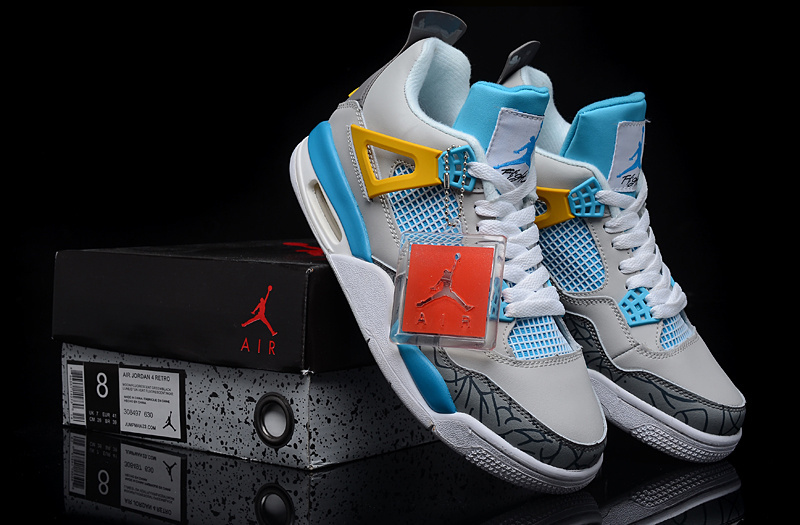 New Air Jordan Retro 4 Grey Light Blue Yellow Shoes - Click Image to Close