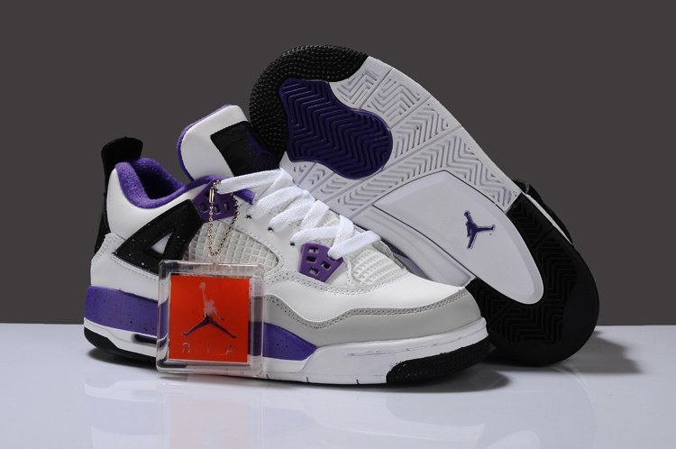 New Arrival Air Jordan 4 White Purplr Grey Black For Women - Click Image to Close