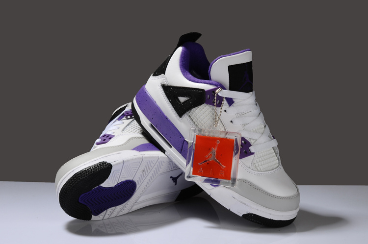 New Arrival Air Jordan 4 White Purplr Grey Black For Women - Click Image to Close