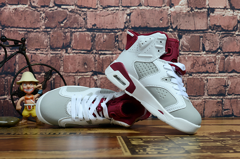 Air Jordan 6 Retro White Grey Wine Red Shoes For Kids - Click Image to Close