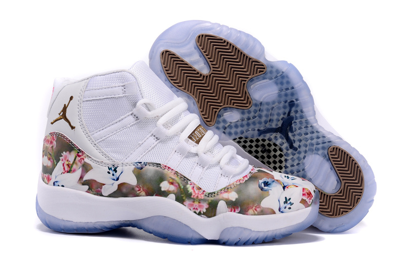 Girls Air Jordan 11 GS Floral Flower Custom White Brown Shoes - Click Image to Close