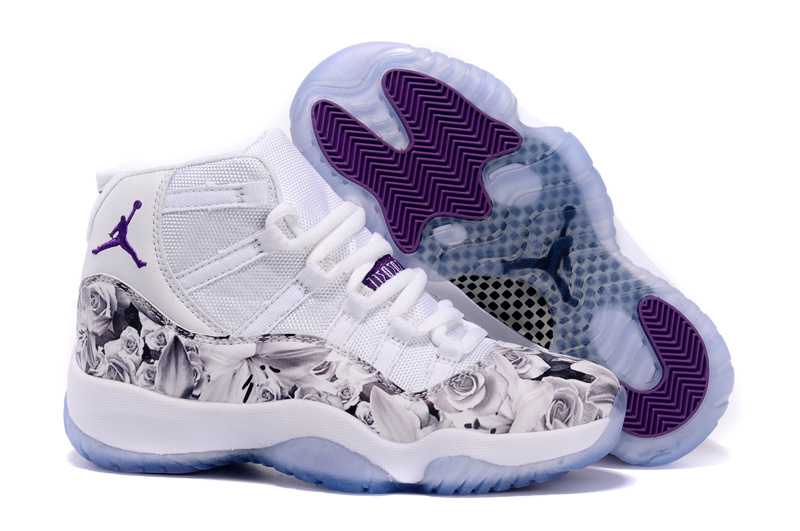 Girls Air Jordan 11 GS Floral Flower Custom White Purple Shoes - Click Image to Close