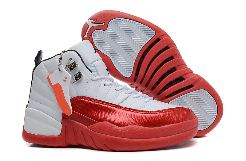 Girls Air Jordan 12 GS White Red For Womens Onlline - Click Image to Close