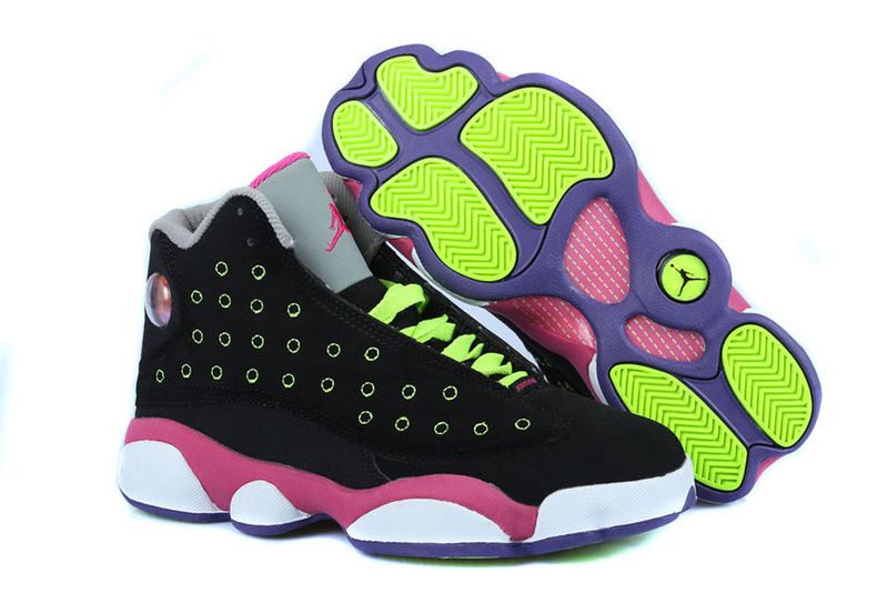 Girls Air Jordan 13 Black Pink Venom Green