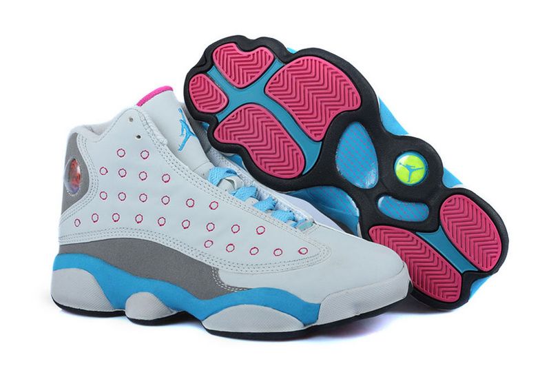 Girls Air Jordan 13 White Pink University Blue - Click Image to Close