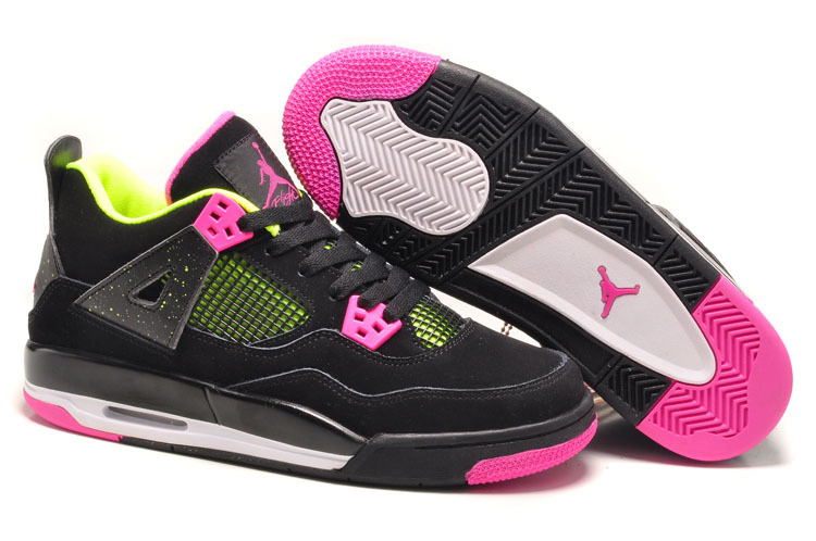 Girls Air Jordan 4 Retro Black Suede Light Green Pink - Click Image to Close