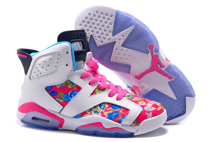 Girls Air Jordan 6 Retro GS White Black Pink Flower Leaf Print