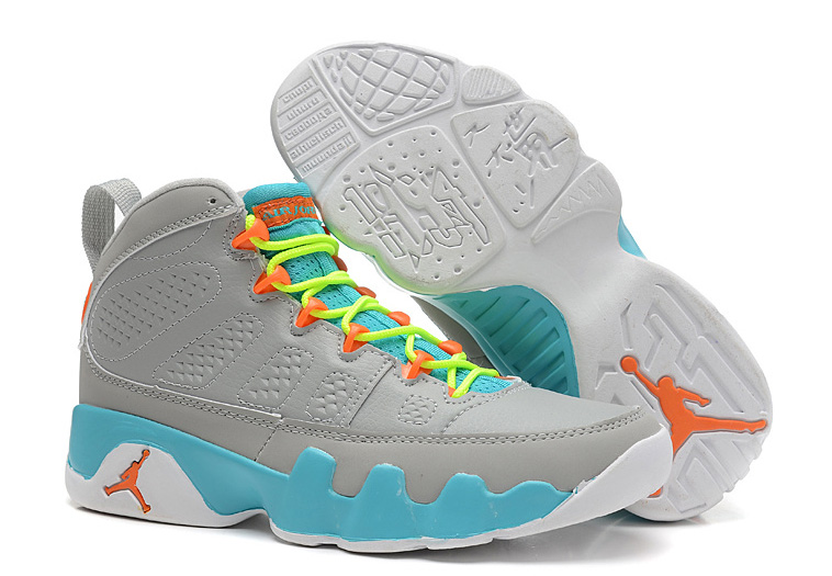 Girls Air Jordan 9 Retro GS Wolf Grey Neon Orange Mint Candy1