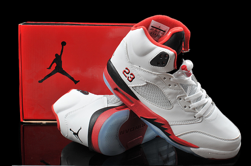 Hardback Air Jordan 5 White Red Black Shoes - Click Image to Close