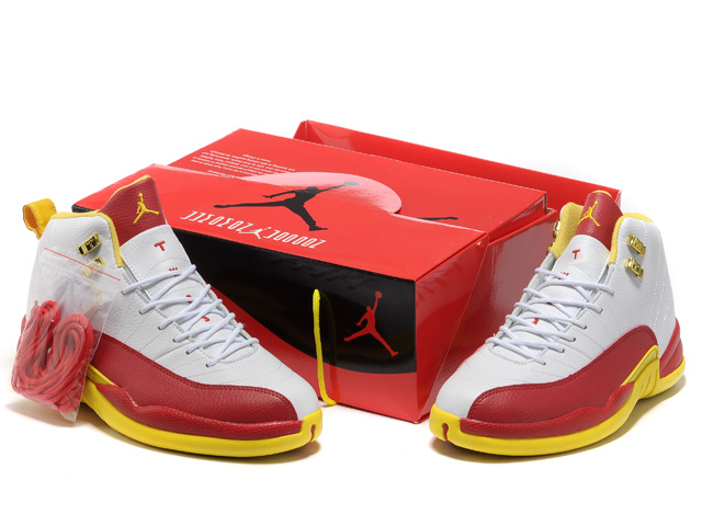 2013 Hardback Air Jordan 12 White Red Yellow Shoes - Click Image to Close