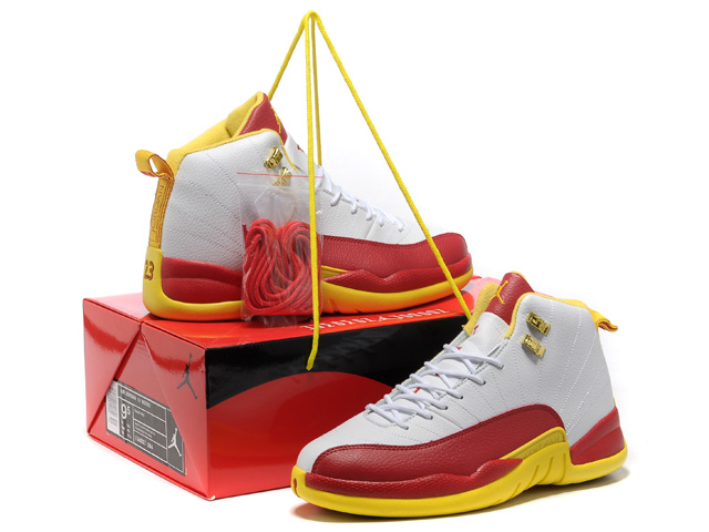 2013 Hardback Air Jordan 12 White Red Yellow Shoes - Click Image to Close