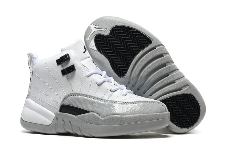 Kids Air Jordan 12 Barons White Black Wolf Grey Kids Air Jordan 12 Barons White Black Wolf Grey