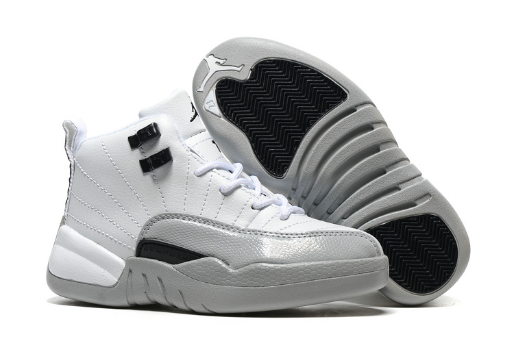 Kids Air Jordan 12 Barons White Black Wolf Grey - Click Image to Close