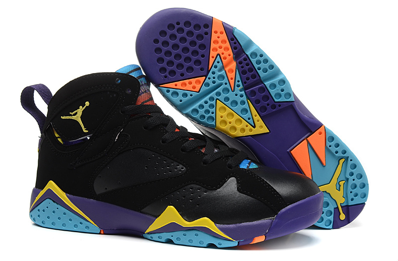 2015 Laura Rabbit Air Jordan 7 Black Purple Yellow Blue Shoes - Click Image to Close