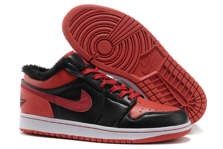 Comfortable Low-cut Air Jordan 1 Wool Black Red White Shoes - Click Image to Close