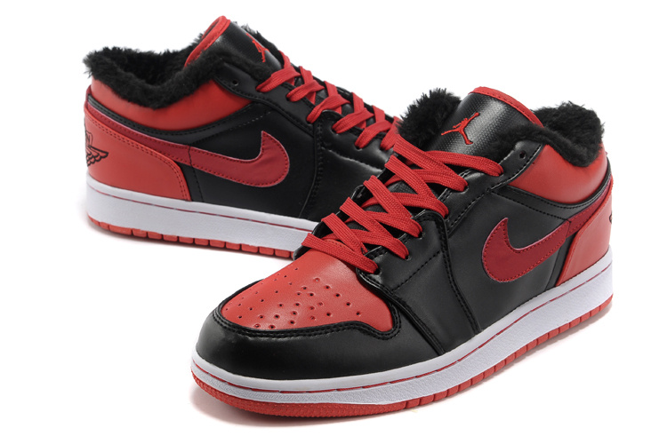 Comfortable Low-cut Air Jordan 1 Wool Black Red White Shoes - Click Image to Close