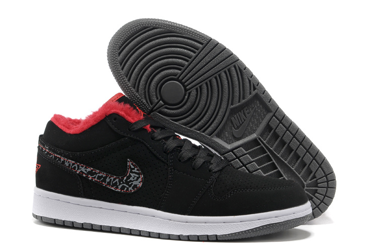 Comfortable Low-cut Air Jordan 1 Wool Black White Grey Shoes - Click Image to Close