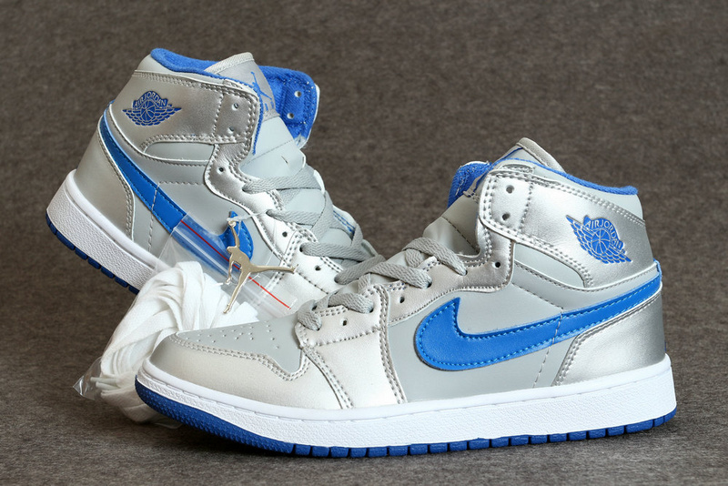 New Air Jordan 1 Retro Silver Blue White Shoes - Click Image to Close