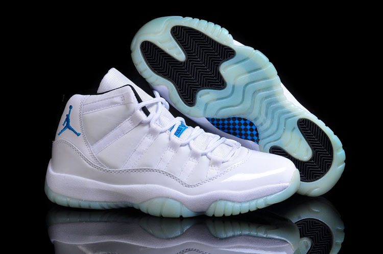 New Air Jordan Retro 11 All White Blue Jumpman Shoes - Click Image to Close