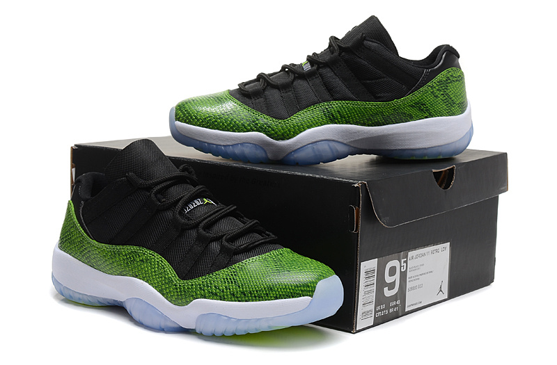 New Air Jordan 11 Retro Low Black Green Snake Skin White Shoes - Click Image to Close