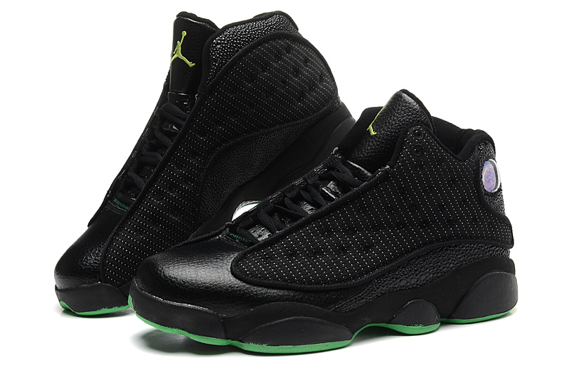 Cheap 2015 Air Jordan 13 All Black Green Sole Mesh Vamp