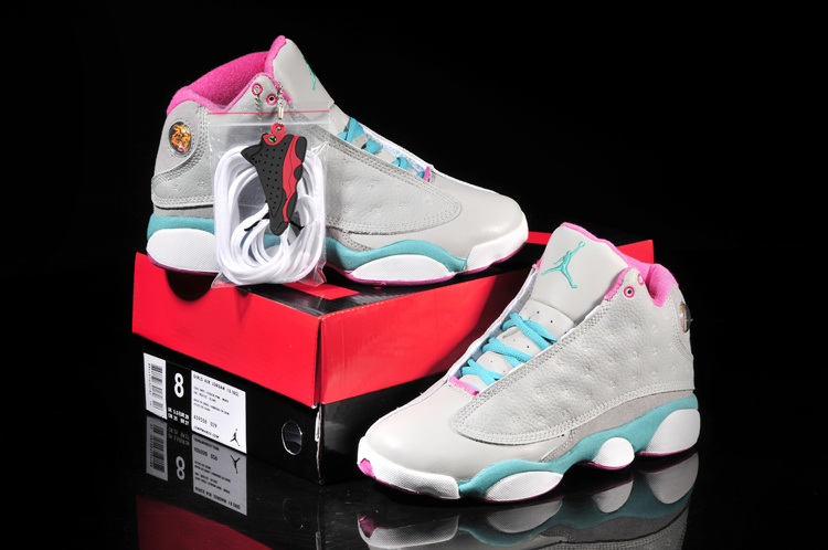 New Air Jordan 13 Grey Blue Pink White For Women - Click Image to Close