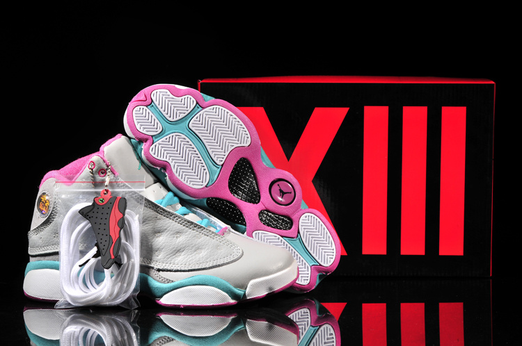 New Air Jordan 13 Grey Blue Pink White For Women - Click Image to Close