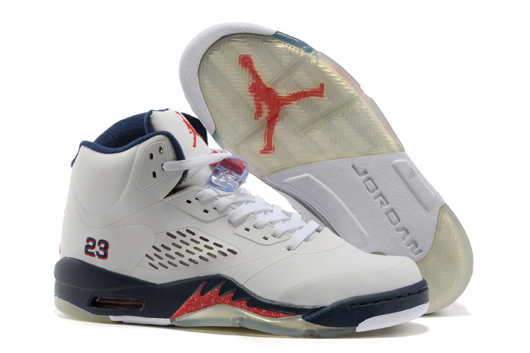 New Jordan Retro 5 White Blue Fire Red Shoes - Click Image to Close