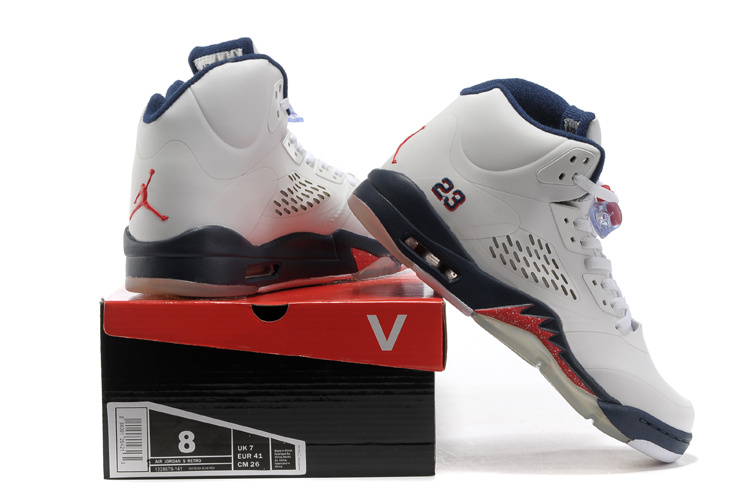 New Jordan Retro 5 White Blue Fire Red Shoes - Click Image to Close