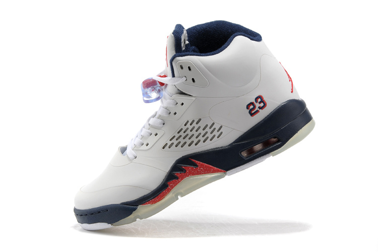 New Jordan Retro 5 White Blue Fire Red Shoes