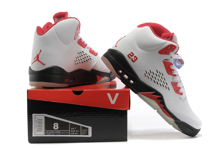 New Jordan Retro 5 White Red Black Shoes