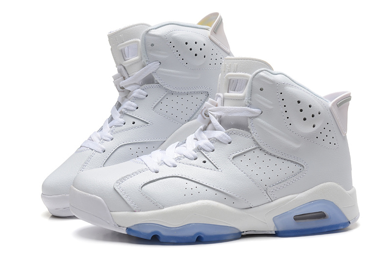 New Air Jordan Retro 6 All White Light Blue Sole Shoes