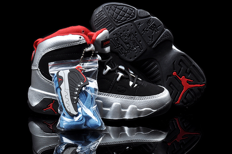 Air Jordan 9 Black Silver Red For Kids - Click Image to Close