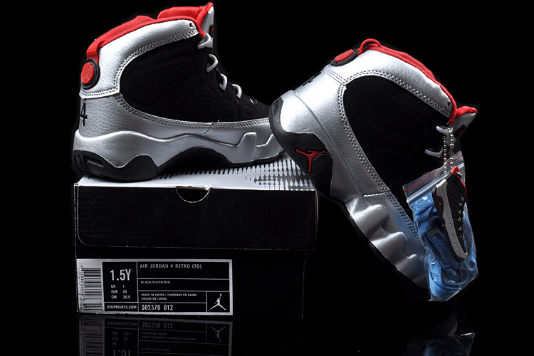 Air Jordan 9 Black Silver Red For Kids - Click Image to Close