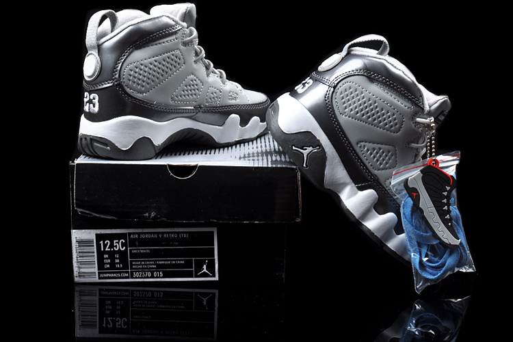 Air Jordan 9 Grey Black White For Kids - Click Image to Close